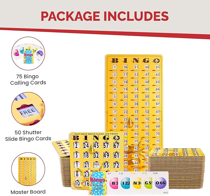 MR CHIPS Jam-Proof Bingo Cards with Sliding Windows, 50 Reusable Shutter Cards, 75 Calling Cards 1 Master Board in Gold Rush Style