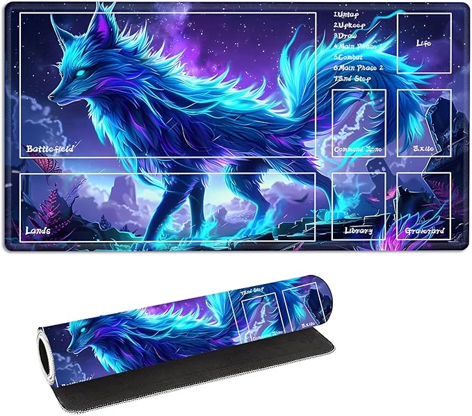 for MTG Playmat with Zones Storage Bag,for TCG Playmat and Playing Card Mat for Magic Board Games, Glowing Fox Non Slip Stitched Edges Game Mat, Rollable Foldable Card Playmats