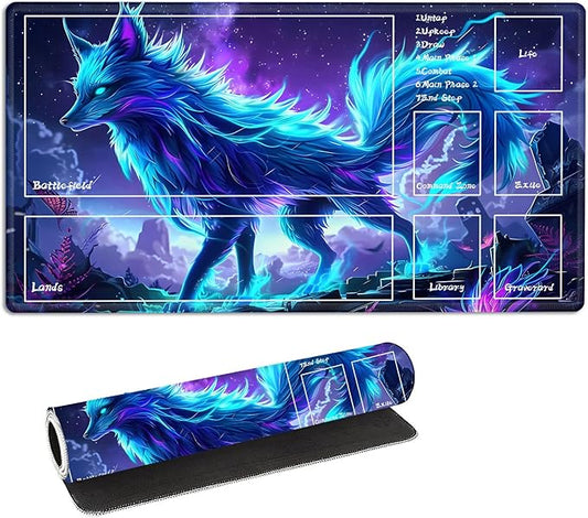 for MTG Playmat with Zones Storage Bag,for TCG Playmat and Playing Card Mat for Magic Board Games, Glowing Fox Non Slip Stitched Edges Game Mat, Rollable Foldable Card Playmats