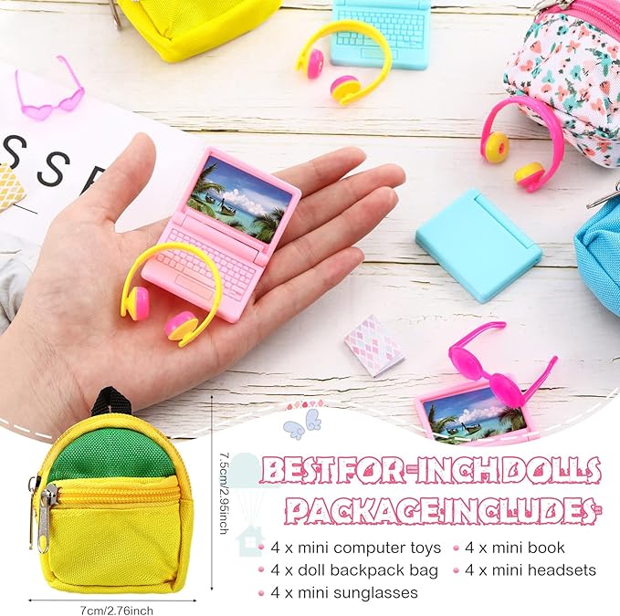 20 Pieces Doll Backpack Set Dollhouse School Accessories Doll Travel Supplies Include Mini Laptop Scene Simulation Backpack Bag with Zipper Mini Headsets Toy Sunglasses Book for 1/12 1/6 Scale