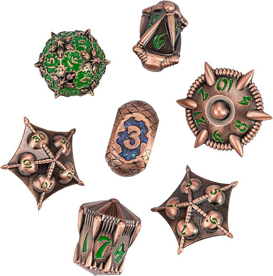 UDIXI Metal DND Dice Set, 7PCS Polyhedral Dice Set D&D with Unique Shape for Dungeons and Dragons Role Playing Games RPG Board Games (Copper with Green Number)