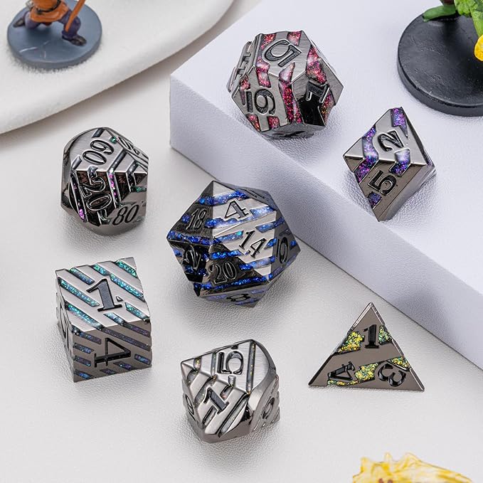 Metallic Glitter Stripes D&D Dice Set,7 PCS Polyhedral Dice Set with Gift Metal Box for Dungeons and Dragons,DND Metal Dice for Tabletop Game (Black Nickel Seven Colors)