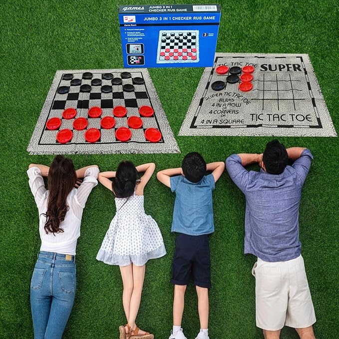 Yuanhe Gaint Checkers Game Set - Large 3 in 1 Checkers Including Tic Tac Toe with Reversible Rug, Calssic Indoor Outdoor Yard Games for Family