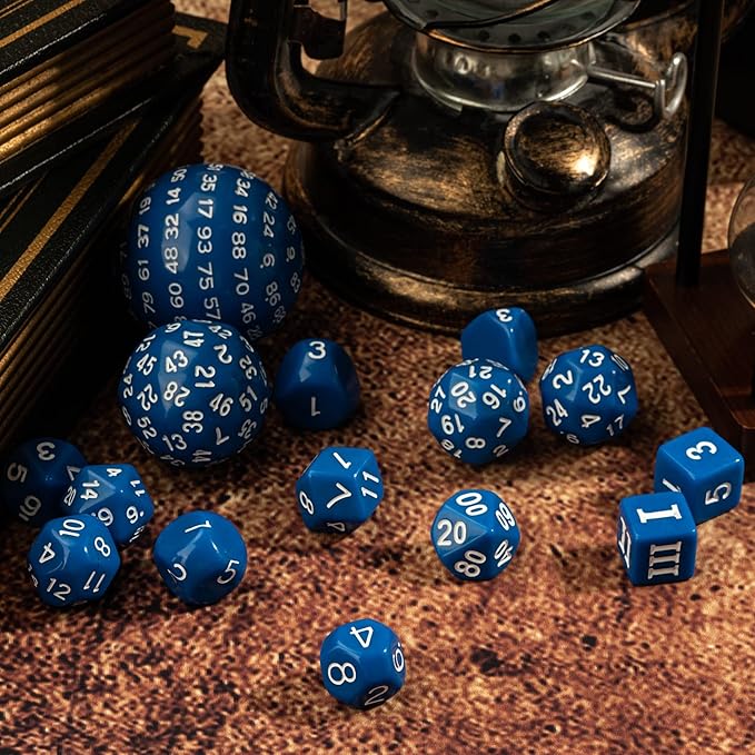 15 Pieces Complete Polyhedral DND Dice Set D3-D100 Spherical D&D Dice Set with Dragon Eye Dice Bag, D100 Dice for Dungeons and Dragons, RPG, MTG Table Games(Blue w/White Numbers)