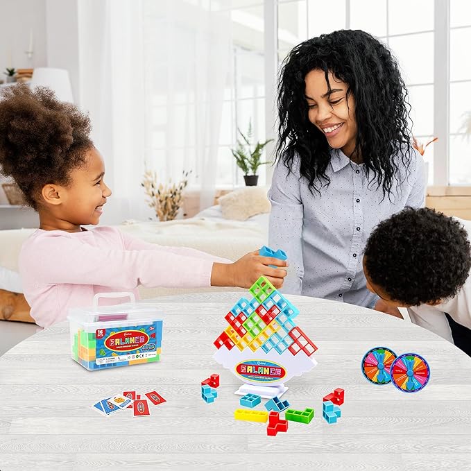 iYuePeng 16PCS Tetra Balance Tower Drop Game Fun Stacking Blocks with Storage Box & Wheel Spinner Balancing Interactive Board Games for Kids Age3+ Perfect for Family Game Night, Classroom