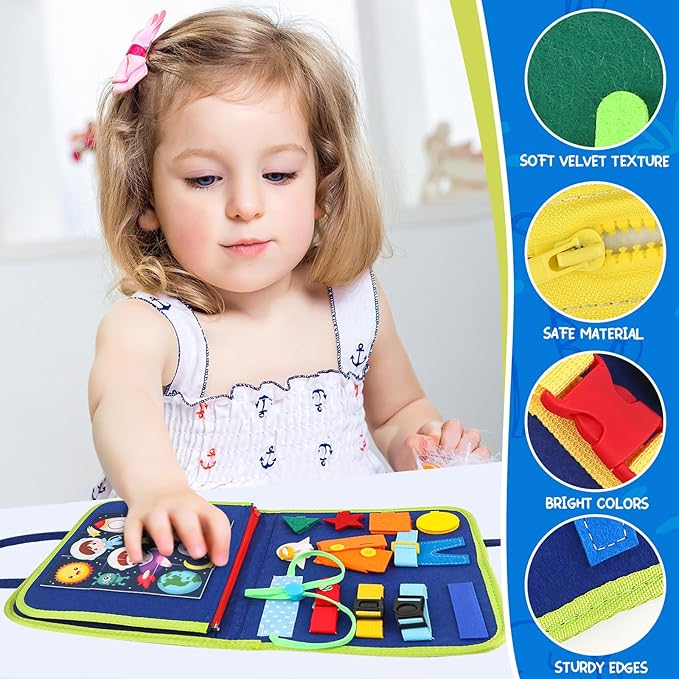 Montessori Busy Board Toys, Sensory Board for Toddlers 1-3, Travel Felt Busy Book for Airplane Car, Activity Busy Mat for Learning Fine Motor Skills Suits Boys Girls Birthday Gifts Blue/P1