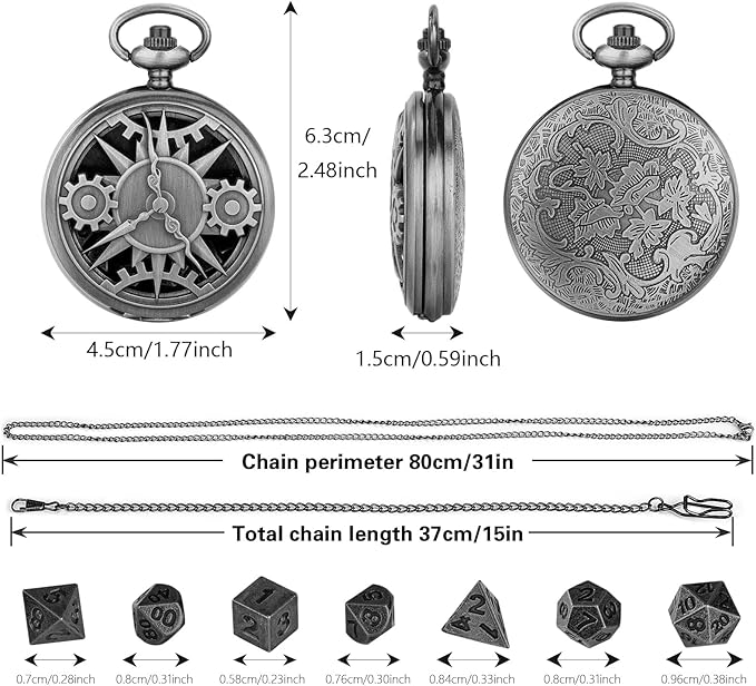 Mini DND Dice Set with Steampunk Hollow Pocket Watch Shell Case, 7pcs Polyhedral Metal D&D Dice Set, DND Gifts with Gift Box, Role Playing Board Games Accessories, Dark Silver