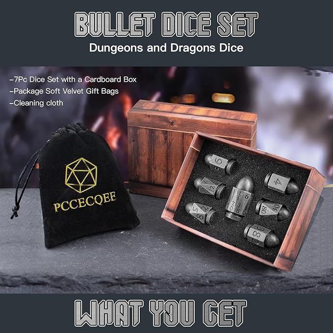 Bullet Dice Set - 36MM Large D20 for Dungeons and Dragons, 7PC Role Playing Game Dice With Cyberpunk Theme for Warhammer War Crime (Antique Silver)