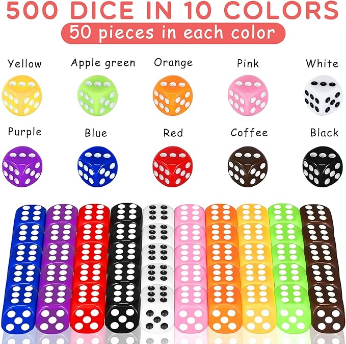 Syhood 500 Pieces 16mm Colored Dice Bulk 6 Sided Dice Set with 5 Pieces Drawstring Pouches Standard Game for Classroom Teaching Math Learning Board Dices Game 10 Color