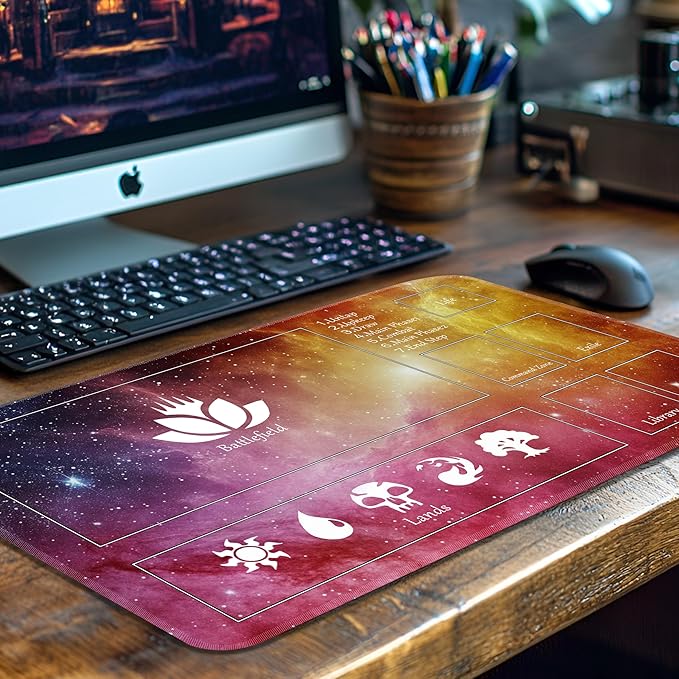 MTG Playmat Stitched with Magic Zone Non-Slip Rubber Backing Printing Commander Board Game Desk Mat Duel Mat TCG PTCG Playmat 24x14 inches and Free Storage Bags (Red Starrysky)
