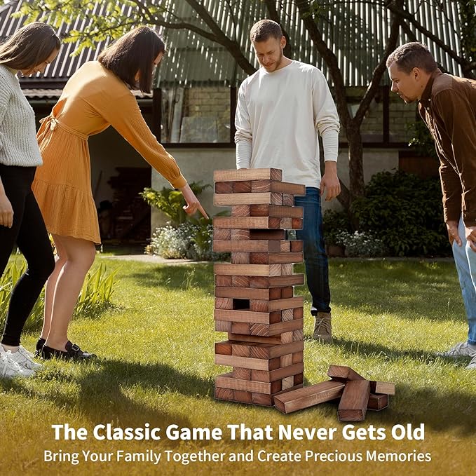 ApudArmis Giant Tumble Tower Stack to Over 5Ft, 56 PCS Pine Wooden Stacking Timber Game with 1 Dice Set - Classic Block Giant Outdoor Game (7.48 * 2.48 * 1.5In Each Block, Brown)