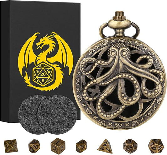 Mini DND Dice Set Steampunk Hollow Octopus Pocket Watch Shell Case, 7pcs Polyhedral Metal D&D Dice Set, DND Gifts with Gift Box for Player, Role Playing Board Games Accessories, Bronze
