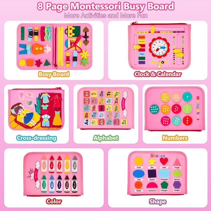 Busy Board Montessori Toys for 1-6 Year Old Toddler, Birthday Gift for Boys Girls, Busy Book for Plane Car Travel, Preschool Learning Activities Educational Toy for Learning Fine Motor Skills