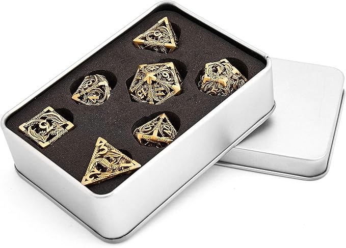 Hollow Metal DND Game Dice Dragon Shape Carved Antique Iron 7Pcs Set for Dungeons and Dragons RPG MTG Table Games D&D Pathfinder Shadowrun and Math Teaching (with Metal Case) ?-