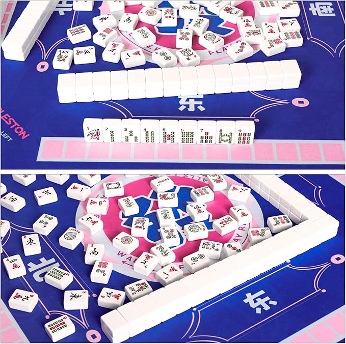 Blue Mahjong Learning Mat (33” x 33”) with Black Carrying Bag, Anti-Slip, Noise-Reducing Table Mat for Mahjong, Board Games, Tile Games and Card Games