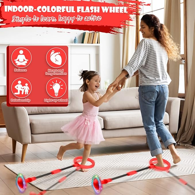 Ankle Skip Ball for Kids, Foldable Colorful Light Flash Wheel Skip Ball for Adults, Indoor Outdoor Game Toys for Kids Girls Boys, Gift for Girls, Boys Ages 5 6 7 8 9 10 11 12 Years Old- Red