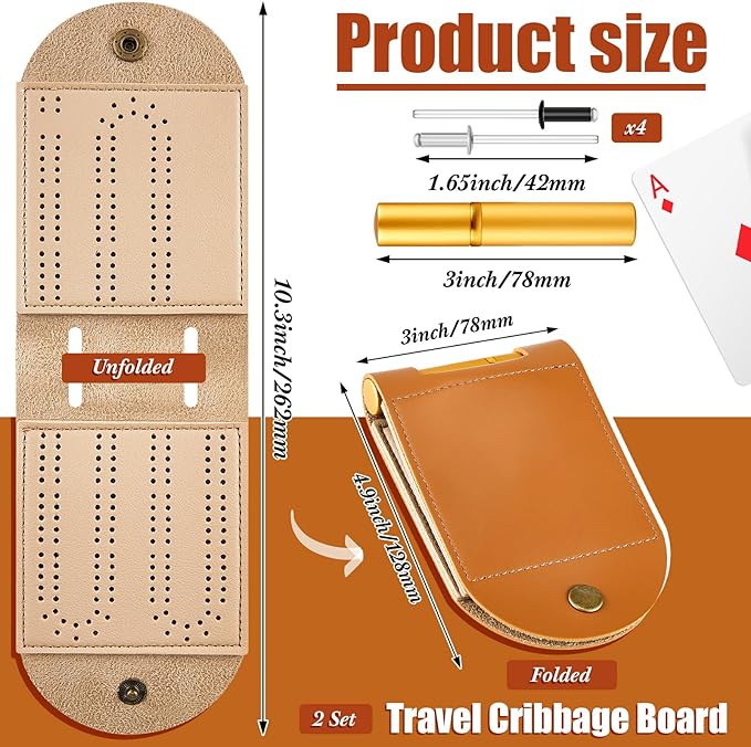 Liliful 2 Sets Travel Cribbage Board Game Sets Portable Travel Games Each Set with 4 Metal Pegs, 1 Mini Leather Cribbage Board, 2 Track 1 Storage Slot