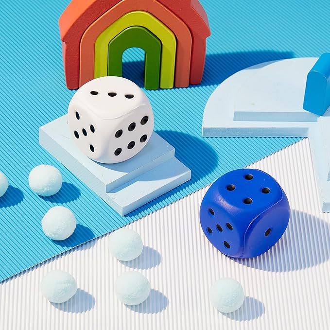 Zomiboo 2 Pcs Large Foam Dice Stress Balls Soft Jumbo 6 Sided Giant Dice Educational Learning Squeeze Anxiety Relieve Toy Gifts for Adults Kids Board Game Classroom(White, Blue,2.3 Inch)