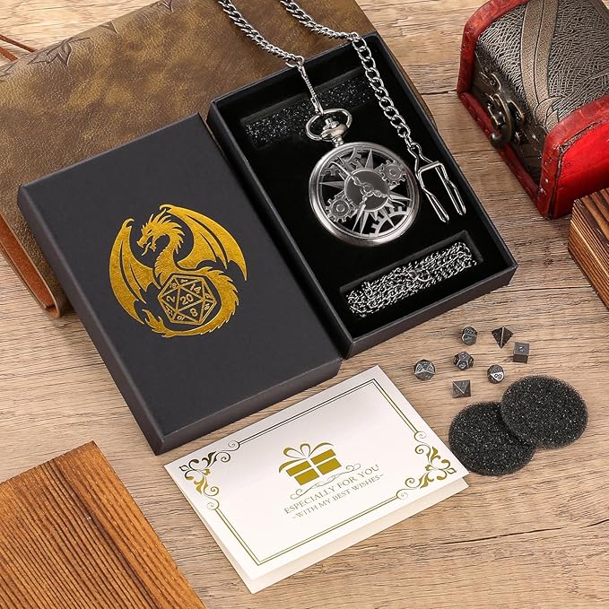 Mini DND Dice Set with Steampunk Hollow Pocket Watch Shell Case, 7pcs Polyhedral Metal D&D Dice Set, DND Gifts with Gift Box, Role Playing Board Games Accessories, Dark Silver