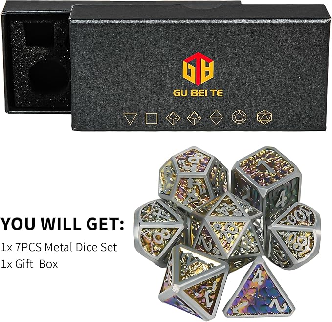 Metal DND Dice Set,Colorful Dragon Scales DND Dice 7-pcs Metal Polyhedral Dice Set for Dungeons and Dragons RPG MTG Table Games(Dazzling Color)