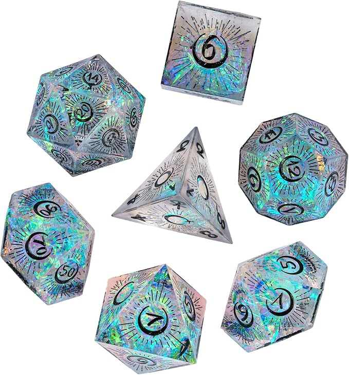 Cusdie Sharp Edges DND Dice, 7 PCs Moon Dice Set D&D Dice, Handcrafted Polyhedral Dice Set, for Role Playing Game Pathfinder(Moon/Black)