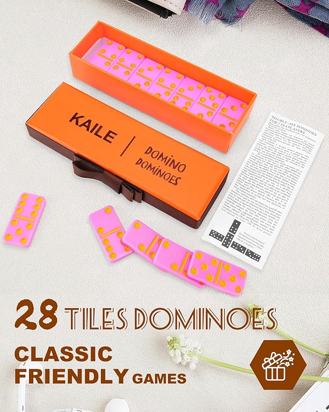 KAILE Pocket Domino Set – Mini Pink Dominoes with Gift Box & Ribbon, Bright Colors, Travel-Friendly Game for Kids & Adults, Idea, Portable Double-Six Set