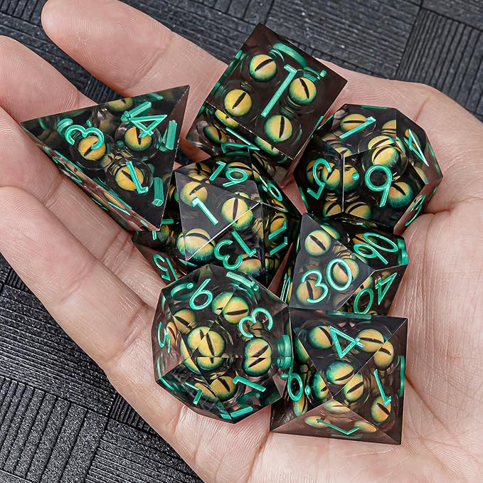 DND Resin Dice Mix Eyeball Dice Set 22-32mm Large Sharp Edged Dice Set with Box, Dungeons and Dragons Polyhedral D&D Role Playing Board Game D&D Dice Set D20 D12 D10 D8 D6 D4 (Green Eyes+Green Ink)