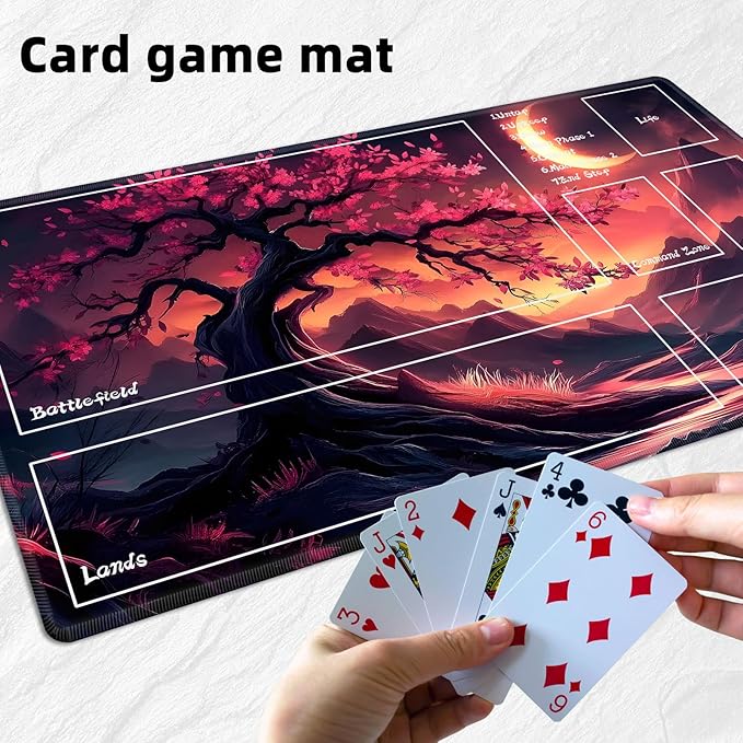 for MTG Playmat with Zones Storage Bag, for TCG Playmat and Playing Card Mat for Magic Board Games, Pink Leaves Tree Non-Slip Stitched Edges Game Mat, Rollable Foldable Card Playmats