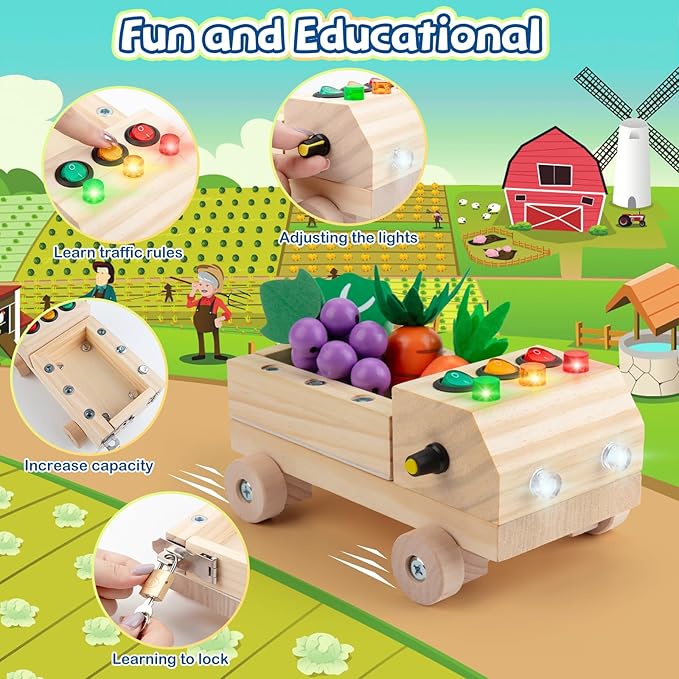 Busy Board with LED Light Montessori Toys Cars Screwdriver Board Set for Toddlers Ages 3 4 5 6 Wooden Busy Trucks Kids Tool Set Sensory Learning Toy STEM Fine Motor Skills Toys for Boys Girls Gift