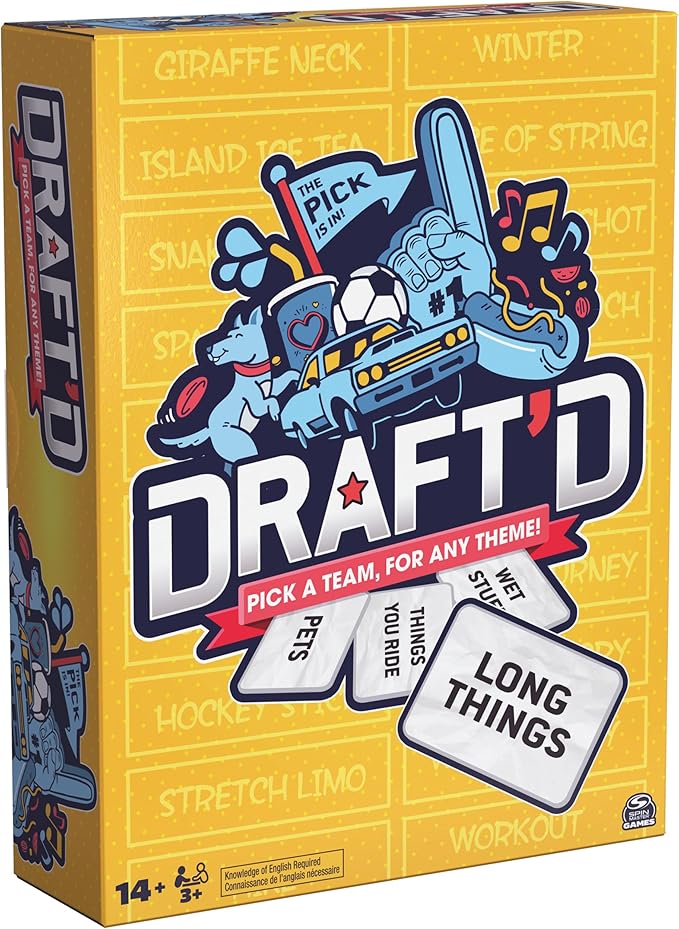 Spin Master Games, Draft’d, Competitive Drafting Party Game with Hilarious Prompts for College Nights, Football Watch Parties, Happy Hour Activity, for Teens & Adults, 3-5 Players, for Ages 14 & Up