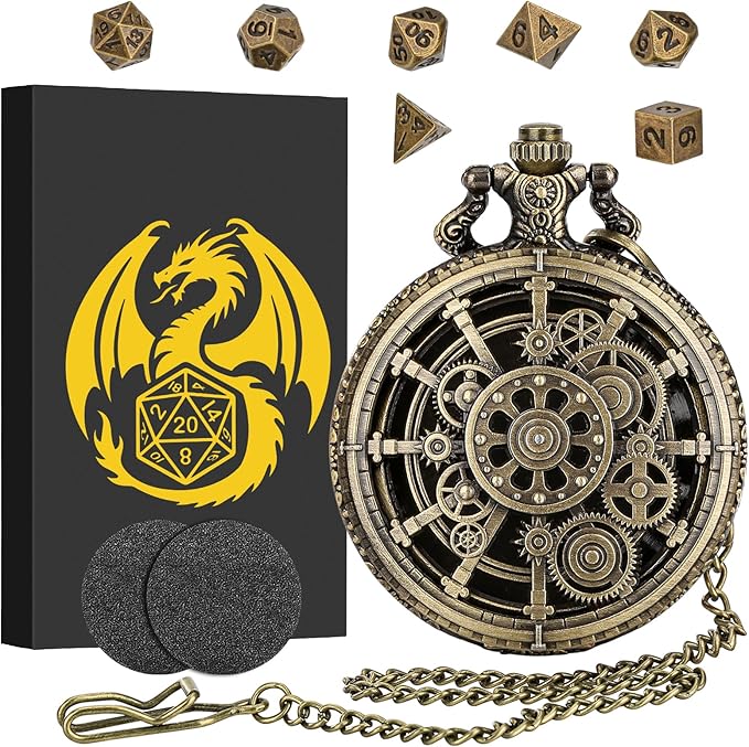 Mini DND Dice Set with Steampunk Hollow Gear Pocket Watch Shell Case, 7pcs Polyhedral Metal D&D Dice, DND Gifts with Gift Box for DND Fans, Role Playing Board Games Accessories