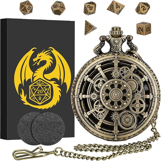 Mini DND Dice Set with Steampunk Hollow Gear Pocket Watch Shell Case, 7pcs Polyhedral Metal D&D Dice, DND Gifts with Gift Box for DND Fans, Role Playing Board Games Accessories