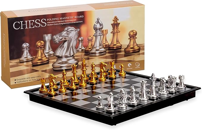 Magnetic Travel Chess Set Game with Folding Board Portable and Storage Compartment – Great Travel Toy Set by Big Mo’s Toys 9.7"