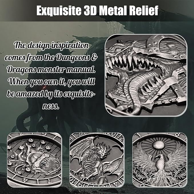 DND Spinner Dice, 7 in 1 Unique Metal Dice Set with 3D Relief for Dungeons and Dragons Gifts, Cool Polyhedral Role Playing Game Dice, Fantasy D&D Tabletop RPG Accessories for DM & Player (Silver)