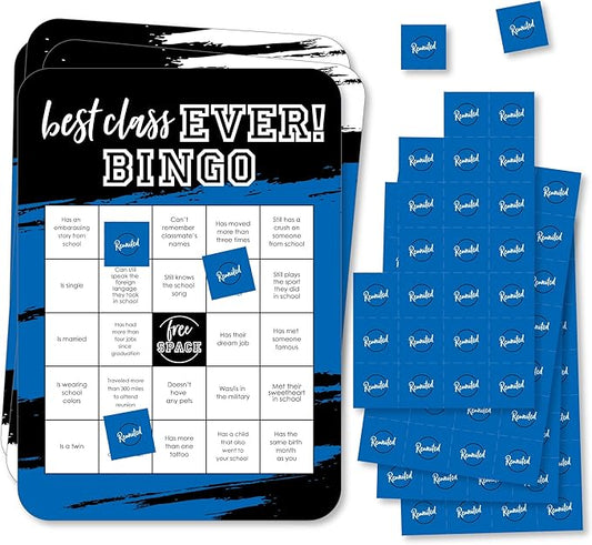 Big Dot of Happiness Reunited Blue - Find the Classmate Bingo Cards and Markers - Royal Blue School Class Reunion Party Bingo Game - Set of 18