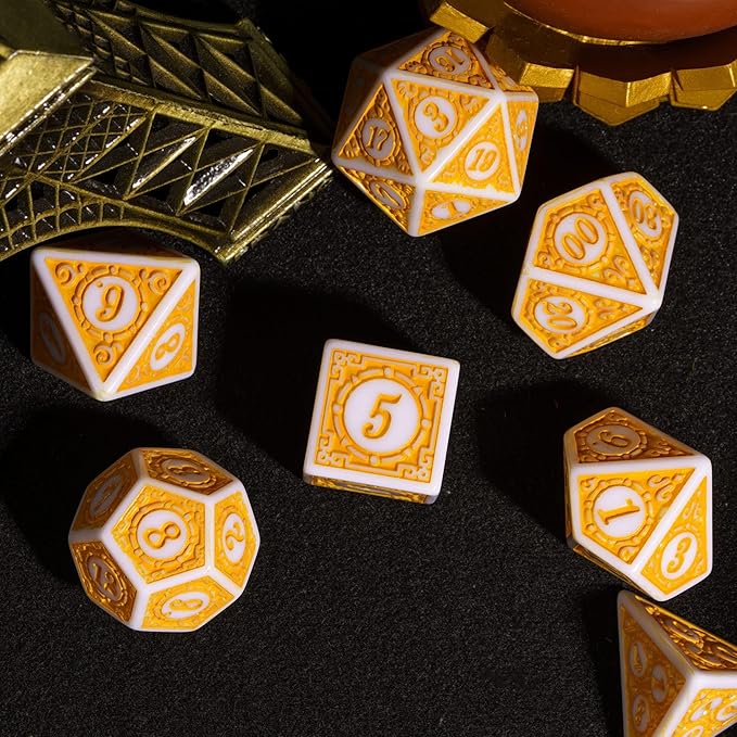 7PCs DND Dice Set, Unique Window Lattice Pattern D&D Dice Set with Leather Die Bag, Polyhedral Die for Dungeons and Dragons, RPG Table Games (Yellow/White)