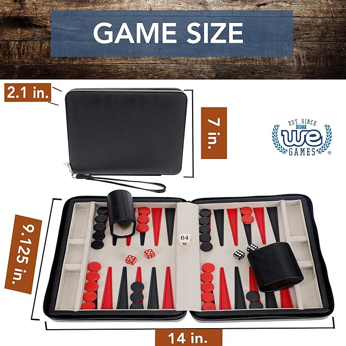 WE Games Magnetic Premium Backgammon Board Game Set, Black Travel Sized Backgammon Game, Classic Strategy Game for Families, Includes Carrying Leatherette Case Magnetic Chips, Durable Design