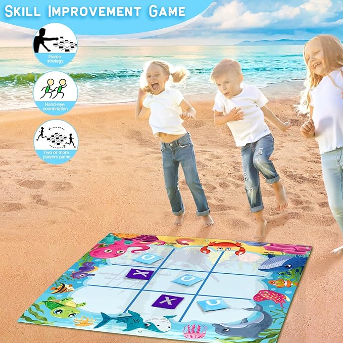 Capoda 20 Pcs Tic Tac Toe Game Set Bean Bag Toss Game Tic Tac Toe Cloth with Bean Bag Storage Pouches Ground Nails for Family Camping Indoor Outdoor Party Toss Games Supplies(Light,Sea Animal)