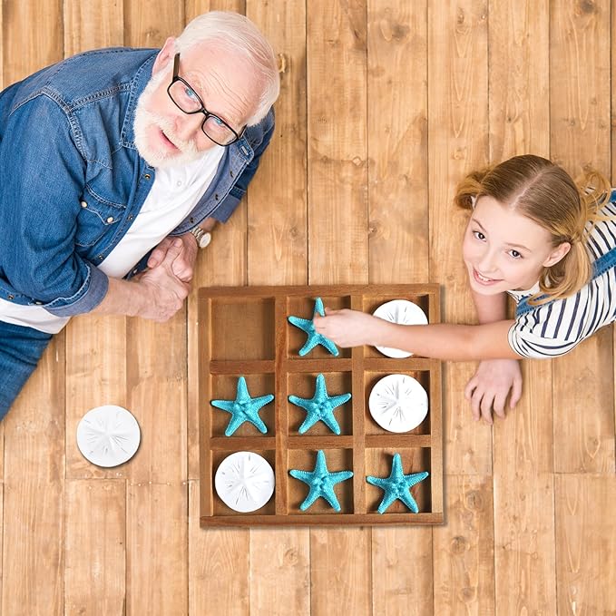 Chunful Beach House Decor Wooden Tic Tac Toe Game with Resin Seashell and Starfish Multilayer Tic Tac Toe Board Fun for Family Travel Beach Game 7.87 x 7.87 x 0.47 Inch (Wood Color)