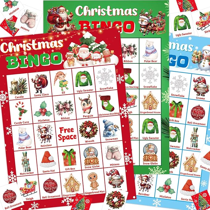 Merry Christmas Bingo Game for Kids Adults Large Group 24 Players Xmas Winter Holiday Bingo Family Activities Party Games Party Favors Party Supplies