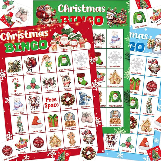 Merry Christmas Bingo Game for Kids Adults Large Group 24 Players Xmas Winter Holiday Bingo Family Activities Party Games Party Favors Party Supplies