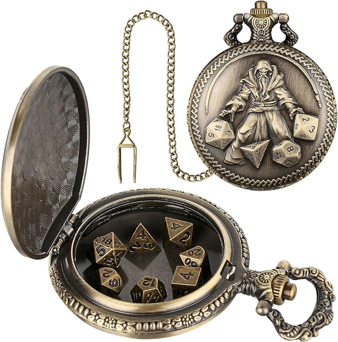 Mini DND Dice Set, Hand Held Dice Wizard Pocket Watch Shell Case, 7 Piece Polyhedral Metal D&D Dice Set, DND Gifts with Gift Box, Role Playing Board Game Accessories, Bronze