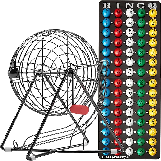 MR CHIPS 11" (Inch) Tall Professional Bingo Set with Steel Cage, Everlasting 7/8” Balls, Master Board for Balls - Mysterious Black Color