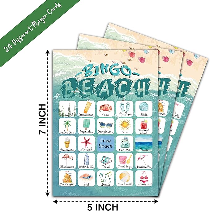 Beach Bingo Game, Party Games with 24 Players, Family Activities, Bingo Cards for Party Supplies, Party Favors Gifts for Young Adults - beach02