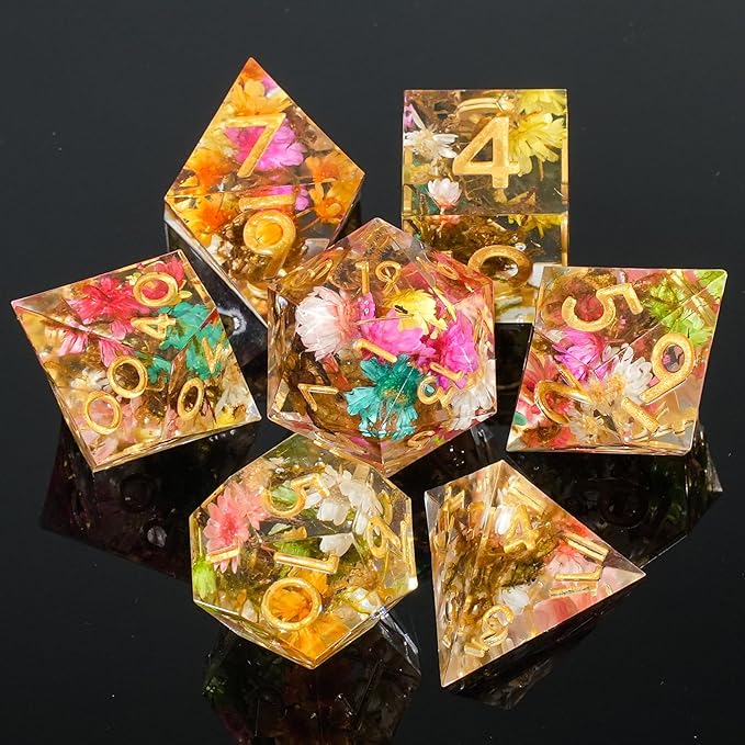 DND Dice Set Dungeons and Dragons Dice Sharp Edged Dice Set of 7 DND Faceted Dice Golden Numbers and Beautiful Iron Box Perfect for Dungeons & Dragons RPG and Board Game(Flowers Moss)