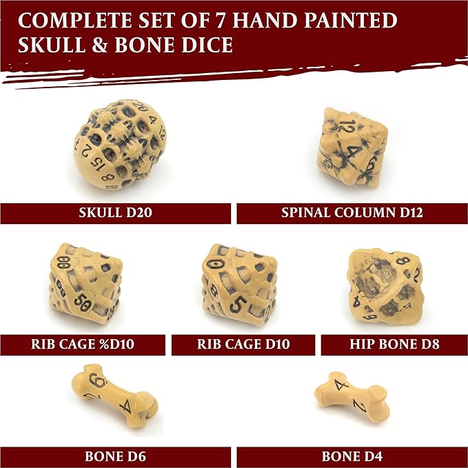 DND Dice Set - Set of 7 Polyhedral Skull & Bone RPG Dice - D20, D12,%D10, D10, D8, D6 & D4 Sided. Cool & Unique Gift for Dungeons & Dragons, Warhammer, D&D, Pathfinder, D and D Accessories. (Yellow)