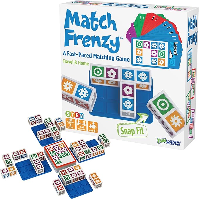 Funwares Match Frenzy: Portable Pattern Matching Puzzle Game, Family Mini Board Games, Perfect for Travel & Home Play, Road Trip Activities for Kids and Adults, Quick Set-Up - 4-Player