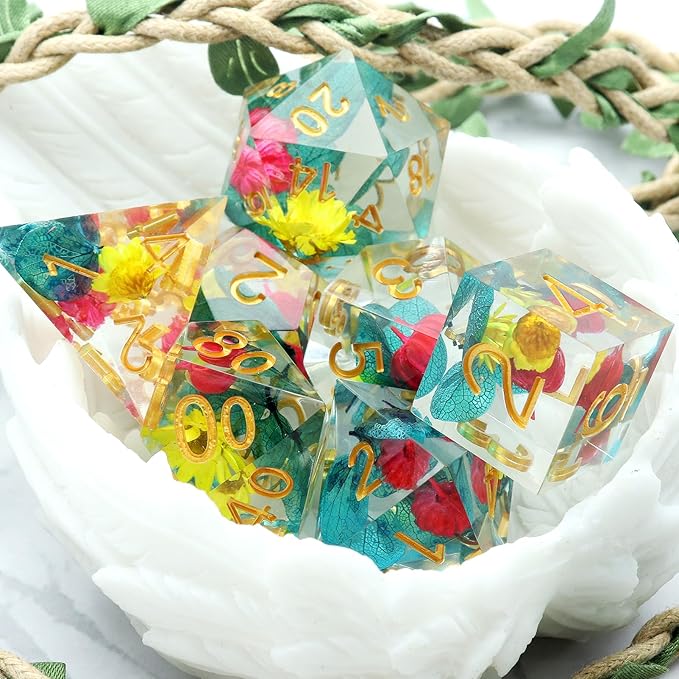 Haxtec Flower Sharp Edge Dice Resin DND Dice Set 7PCS Yellow Blue Red Polyhedral D&D Dice for Role Playing Dice Games as Dungeons and Dragons