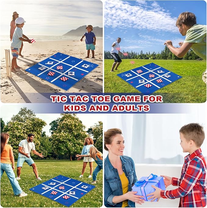 Vanblue 4th of July Tic Tac Toe Bean Bag Toss Game - Giant 3FT Felt Board with 10pcs Red & Blue Bean Bags - Outdoor & Indoor Family Fun Game Set