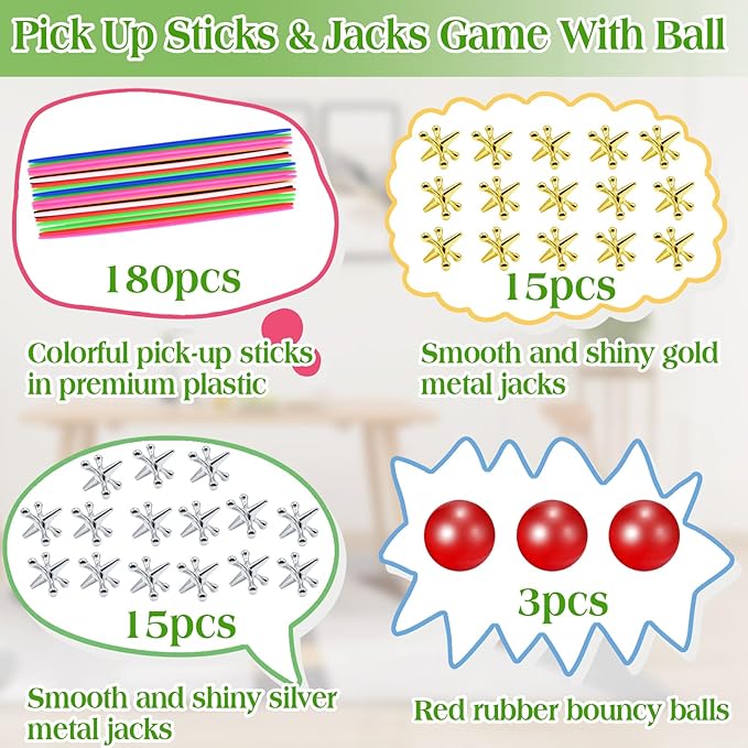 ZeeDix Pick Up Sticks and Metal Jacks Game with Ball Kit- Include 3 Pcs Red Rubber Balls and 30 Pcs Gold and Silver Metal Jacks, 180pcs Classic Pick Up Sticks Game for Kids Adults Family